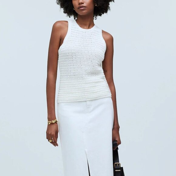 Madewell Crochet-Knit Crewneck Cotton Sweater Tank Bright Ivory Size S - Picture 4 of 8